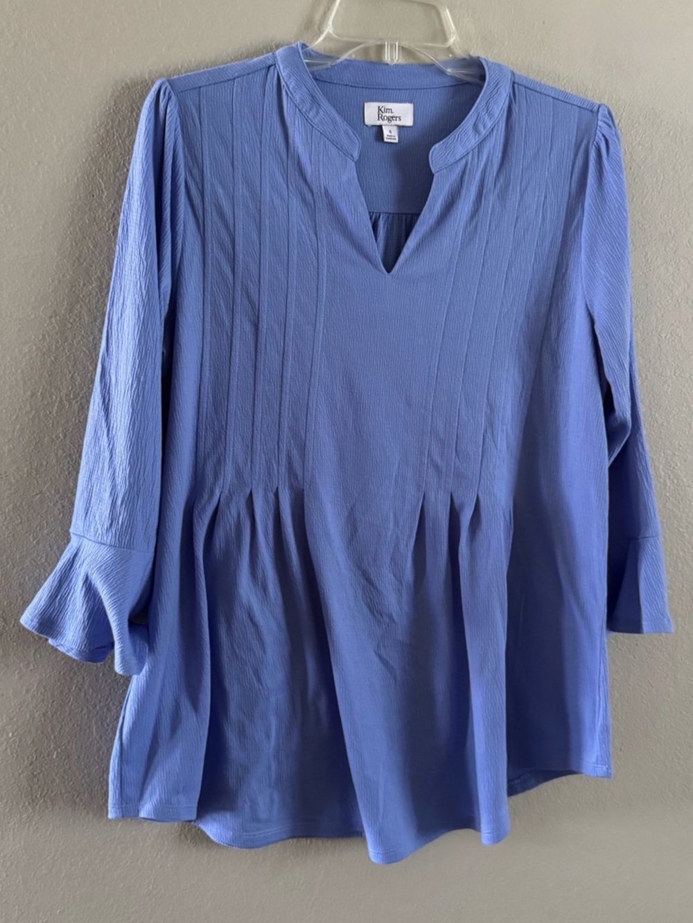 Kim Rogers Women’s Blue Textured Pleated Tunic Top Size Small Bell Sleeve Blouse